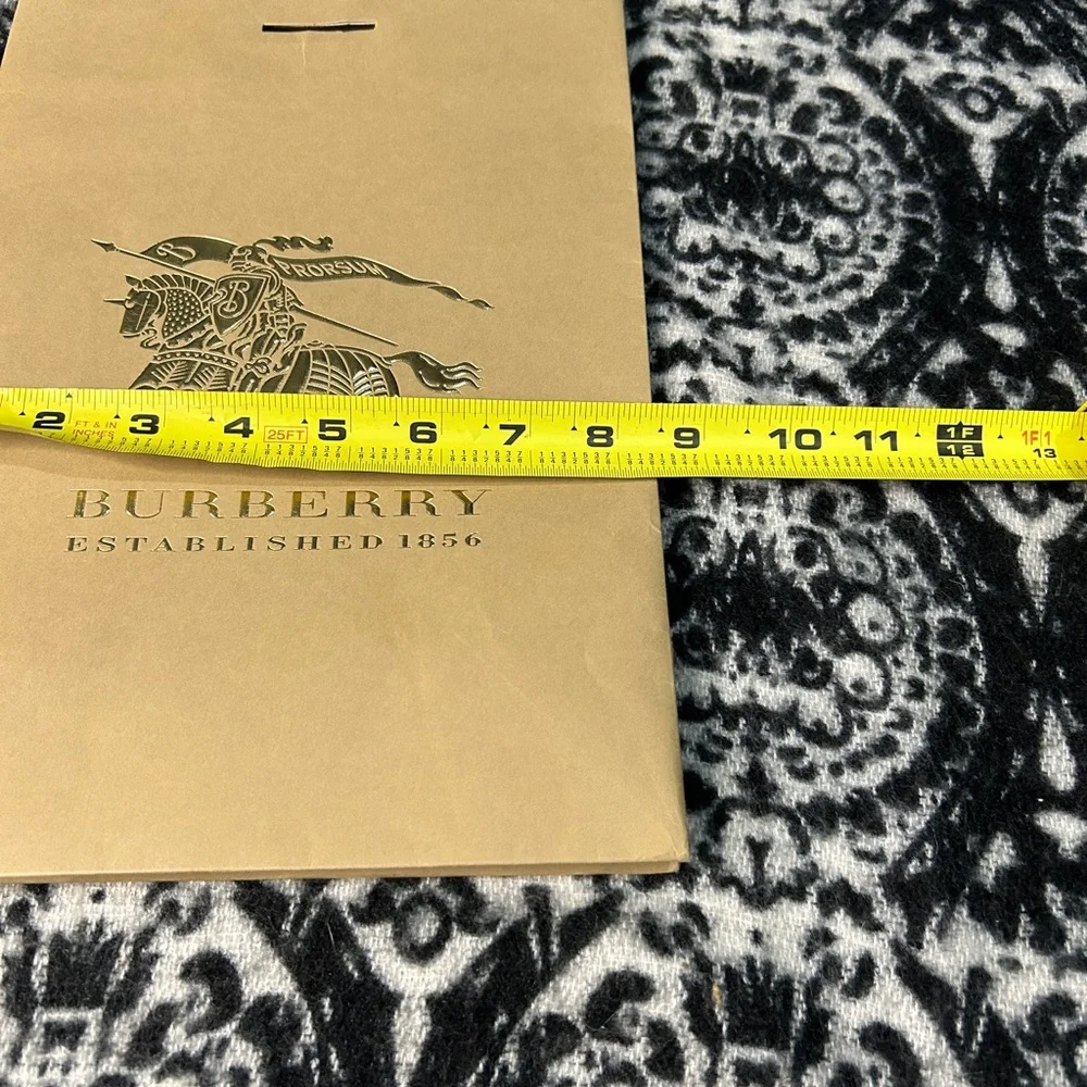 Burberry paper shopping bag with a gold logo and cloth handles.